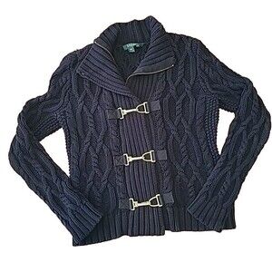 LAUREN RALPH LAUREN CABLE KNIT JACKET CARDIGAN SWEATER GOLD BUCKLES ZIP Petite S